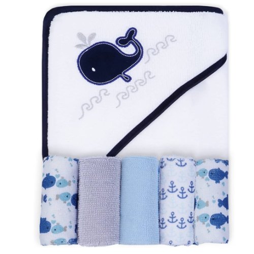 Viviland Baby Towels and Washcloths, Soft Absorbent Baby Boy Bath Towel Set, Whale Hooded Towels with 5 Infant Washcloths (6 Pieces)