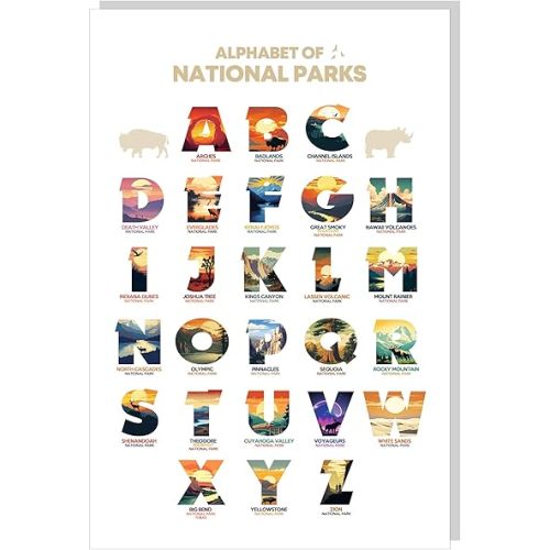 National Park Alphabet Print, Alphabet Poster, National Park Nursery Print, Kids Room Decor, Playroom Decor, Zion Rocky Mountain Joshua Tree Yellowstone Grand Canyon Hawaii Wall Art (UNFRAMED)
