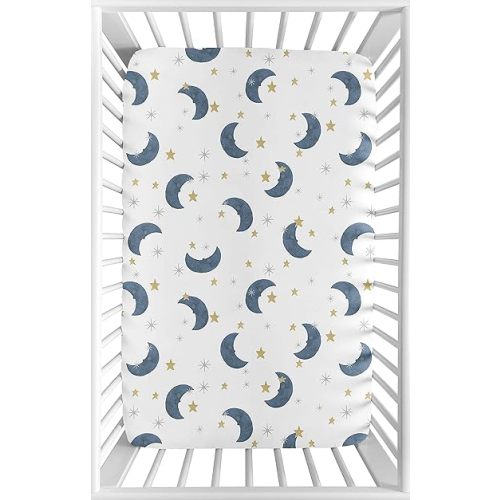 Sweet Jojo Designs Moon and Star Boy or Girl Fitted Mini Crib Sheet Baby Nursery for Portable Crib or Pack and Play - Navy Blue and Gold Watercolor Celestial Sky