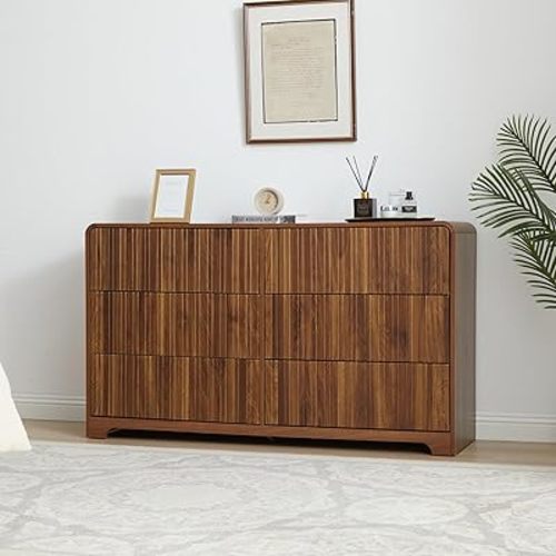 Fluted 6 Drawers Dresser for Bedroom, 53" Wide Mid Century Modern Chest of Drawers with Curved Profile Design, Large Wood Double Dresser for Living Room (Walnut)