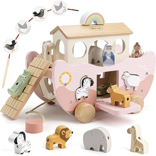 Joyreal Pink Wooden Noah's Ark Toy for 1 Year Old Baby Girl Baptism Gift - Montessori Educational Toy with Animal Shape Sorter - Christian Toys for Toddler Boy 1-3 Years Old Christmas Birthday Gift