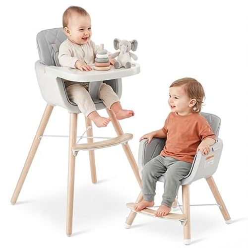 Mallify 3-in-1 Wooden High Chair, Convertible High Chairs for Babies and Toddlers, Baby Highchair with Adjustable Legs & Dishwasher-Safe Tray, Sleek Hardwood & Premium PU Cushion, Gray