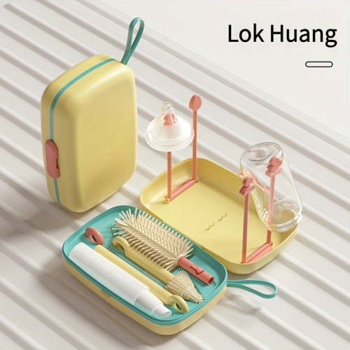 Portable Multi-Use Bottle Brush Set - 1 Handle with 6 Drain Stands, 5 Trays, 2 Nipple & 3 Straw Brushes for Travel Home