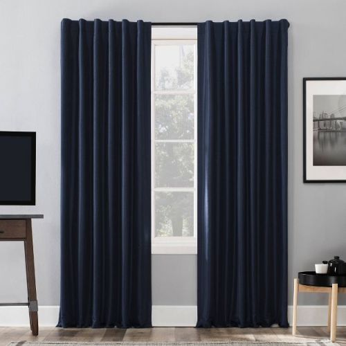 50"x95" Sun Zero Blackout Evelina Faux Dupioni Silk Curtain Panel Navy Blue: Modern Solid Back Tab Curtain