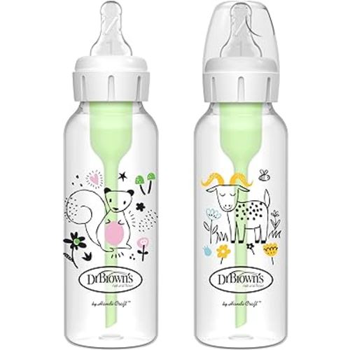 Dr. Brown's Natural Flow Anti-Colic Options+ Narrow Baby Bottle, Squirrel & Goat, 8 oz/250 mL, with Level 1 Slow Flow Nipple, BPA Free, 0m+, 2-Pack