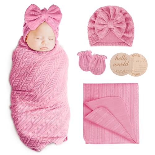 AQOKKA Newborn Receiving Blanket Wheat Ear Bow Hat Mitten Set | 4 Set Receiving Blankets Wrap Nursery Swaddle Cotton Adjustable Swaddles Wrap for Newborns Boy Girl Infant 0-3 Months