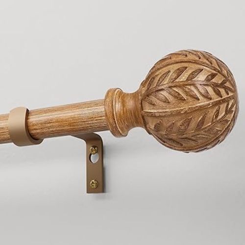 Wood Curtain Rods for Windows 66 to 120 Inch, 1'' Adjustable Decorative Drapery Rods with Imitation Wood Grain Leaf Pattern Finials, Boho Heavy Duty Long Window Curtain Rods Set 36''-120''