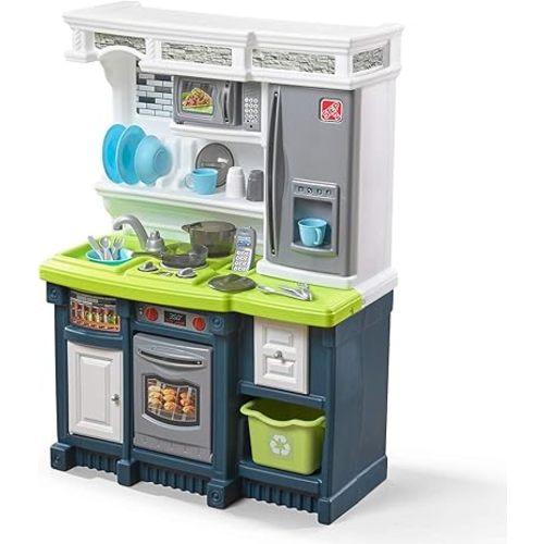 Step2 Lifestyle Custom Kids Kitchen Playset, Indoor/Outdoor Kitchenette, Interactive Play with Lights and Sounds, Made of Durable Plastic, 20 Piece Toy Accessories, Toddlers 2+ Years Old, Blue