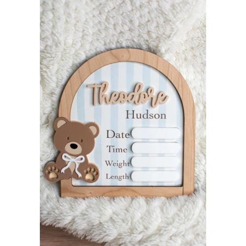 Teddy Bear Newborn Birth Announcement Stat Sign for Hospital, Baby Boy Nursery Decor, Whimsical Stripe Baby Fresh 48, New Parents Keepsake