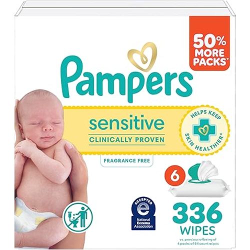 Pampers Sensitive Baby Wipes, Clinically Proven, Fragrance Free, Unscented, Water Based, Hypoallergenic, Multi-Use, Hand Wipes 336 Wipes Total (6X Flip-Top Packs) [Packaging May Vary]