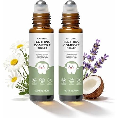Teething Roller, Teething Oil Roller with Chamomile & Rose Oil, Gentle Roll-On Formula, Easy to Use, Portable Daily Care, 2 Pack