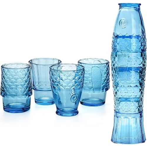 Frcctre Set of 4 Koi Fish Design Drinking Glasses, Stackable Drinking Glasses Fish Shaped Beverage Cups Juice Tumblers Drinking Water Cups Nautical Glassware for Home, Party, Blue