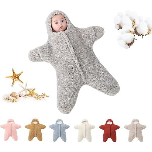 HEVOY Baby Starfish Onesie, Thick Imitation Fleece Starfish Newborn Sleeping Bag, Infant Footie Jumpsuit Winter Warm Outfits (Gray, 0-2 Months)