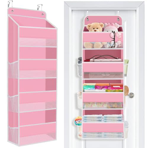Over the Door Organizer, 4 Large Pocket Hanging Storage with 40lb Capacity | Space Saving Behind Door Storage for Nursery, Bathroom, Bedroom and Closet, Baby Stuff and Toiletry Organizer, Pink