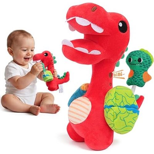 Baby Toy 0-12 Months - BPA-Free Soft Plush Sensory Toy with Gentle Squeaker, Safe Hand Grip & Teething Relief, Portable Newborn Toy for Diaper Bag, Baby Shower Gift (Red Dinosaur)