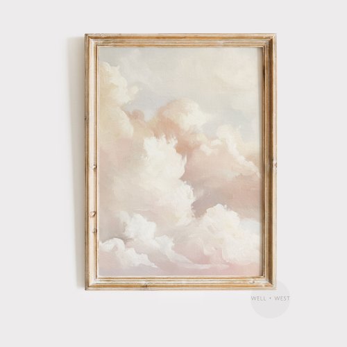 Pastel Pink Cloud Print | Vintage Style Sunset Cloud Painting | Living Room Wall Art | Coquette Room Decor | Girl Nursery Wall Art | P171.5
