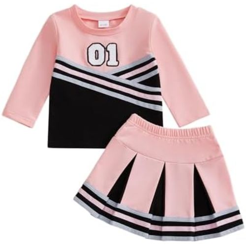 Toddler Baby Girl Cheerleader Outfit Long Sleeve Shirt Pleated Skirt Set Cheer Uniform Football Cheerleading Clothes