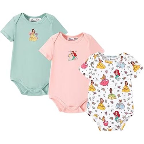 DISNEY Winnie the Pooh Stitch Princess Ariel Mickey 3 Packs Baby Snap Romper Bodysuit for Infant Newborn