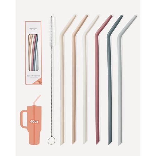 Nightingale 14” Silicone Tumbler Straws - Compatible with Stanley 40 oz cup - Reusable Flexible Long Bendy Drinking Straw with Cleaning Brush for Tall Tumblers - Food-Safe - Set of 6 Oak