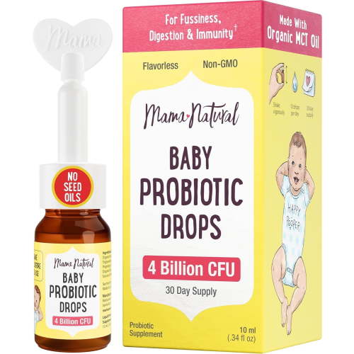 Mama Natural Baby Probiotic Drops | Pediatrician-Approved Infant Probiotic Colic Drops – Infant Gas, Constipation, Fussiness & Immune Support Supplement – 10 Strains & 4 Billion CFU with MCT Oil