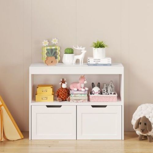 Toy Storage Cabinet with Storage Drawers, Open Shelf, Durable MDF Organizer for Kids Room, 31.5 in Wide White-3irtyhousy