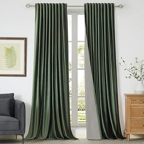 100% Full Blackout Olive Green Velvet Curtains 90 inch Long for Living Room,Set of 2 Liner Rod Pocket Back Tab Thermal Window Curtains Room Darkening Heavy Decorative Curtains Drapes for Bedroom