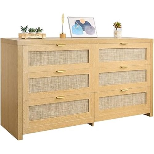 VEVOR Large Boho Dresser for Bedroom, 57" Wide Rattan Dresser 6 Drawer with Ample Storage, Modern Wooden Chest of Drawers Closet TV Stand Dressers for Living Room, Natural Oak