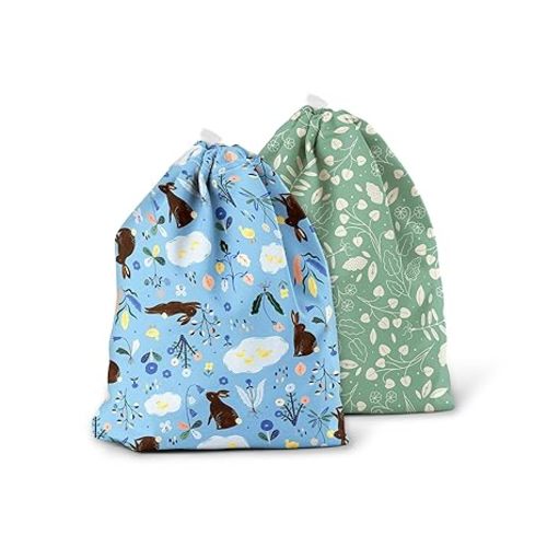 Esembly Ditty Bag Duo - Reusable Waterproof Wet Bags for Cloth Diapers, Swimsuits, Toiletries, and Snacks, Set of 2 - Bunnies + Botany