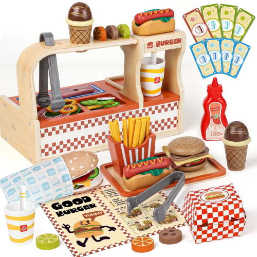Wooden Play Food Fast Food Toy, Montessori Pretend Play Toys, Wooden Fast Food Counter Playset with Menu, Play Kitchen Accessories, Cooking Toys for Boys Girls Age 3+