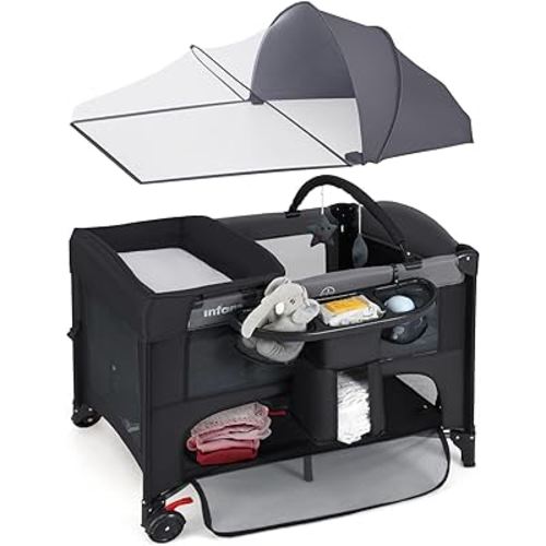 INFANS Baby Bassinet, 4 in 1 Nursery Center Pack and Play Baby Playard with Changing Table, Mosquito Net, Storage Basket, Travel Bag for Newborn 0-36 Months (Black)