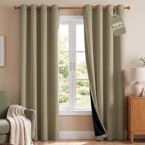 NICETOWN 100% Blackout Curtain Panels 84 inch Long for Living Room, Cocoa Eggnog, 2 Panels, Thermal Insulated Farmhouse Blackout Window Drapes for Bedroom