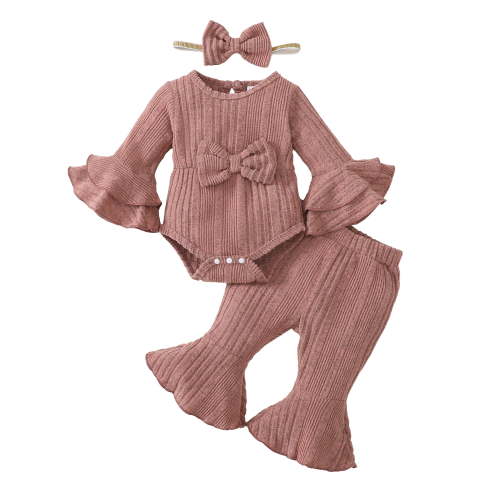 Kucnuzki Newborn Baby Girls Winter Outfits 0-3 Months Warm Clothes Sets Long Sleeves Knit Romper Top Bow Solid Color Top Flared Pants with Headband 3pcs Sets Pink