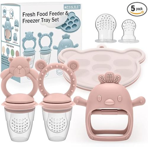 4 Pack Silicone Teething Mitten for Babies with Baby Fruit Food Feeder & Freezer Tray Set, BPA Free Infant Teething Relief Toy for 3 Month+, Additional Silicone Sacs