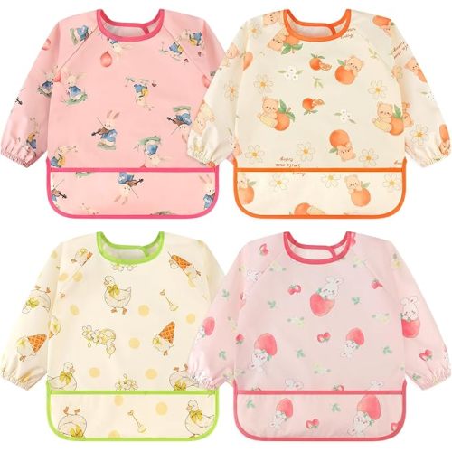 Accmor 4 Pack Long Sleeve Bibs, Baby Smock Waterproof Sleeved Bib Smock for Baby Toddler 6-36 Months