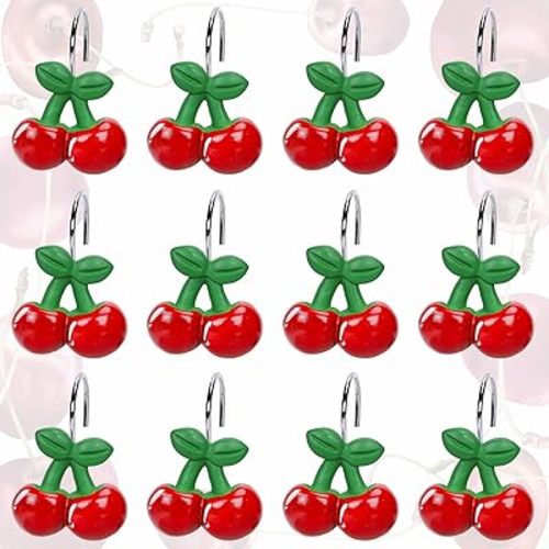 Whaline 12Pcs Cherry Shower Curtain Hooks Decorative Summer Fruit Style Shower Rod Rings Red Cherry Pendant Decoration Resin Curtain Hanger Hooks for Living Room Bedroom Bathroom Decor