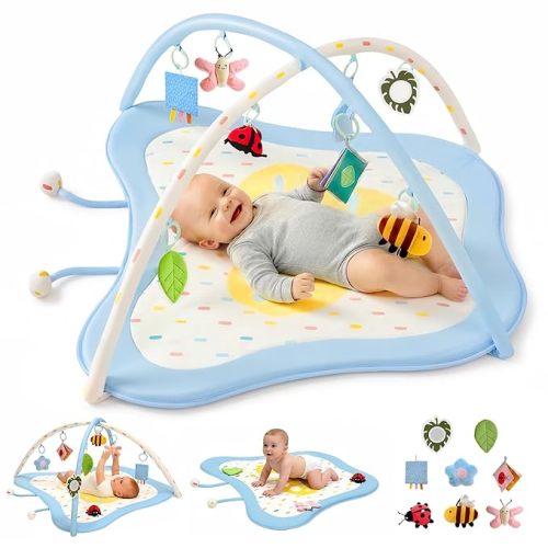 Pamo Babe Baby Play Gym & Activity Mat, Tummy Time Mat with 8 Montessori Toys, Non-slip Foldable Baby Playmat for Stage-Based Development, Machine Washable Baby Gym Play Mat for Newborn Essential Gift