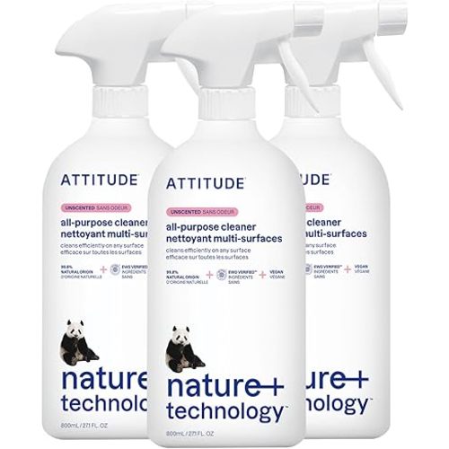 ATTITUDE All Purpose Cleaner Spray, EWG Verified, Vegan, Made with 94% Plant-Based Ingredients, Streak-Free for Kitchen, Bathroom, Glass & More, Unscented, 27.1 Fl Oz (Pack of 3)