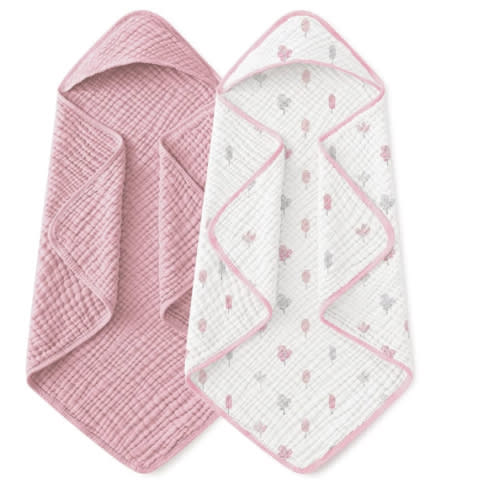 Yoofoss Hooded Baby Towels for Newborn 2 Pack 100% Muslin Organic Cotton Baby Bath Towel with Hood for Babies, Infant, Toddler and Kids,37.5"x37.5", Soft and Absorbent Newborn Essential,Pink&WhiteLeaf