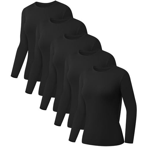 Kinglaman 5 Pack Womens Basic Long Sleeve Shirts Crew Neck Slim-Fit Tops | Compression fitted, Baselayer, Underscrub, Workout layering,Trendy 2026 clothes