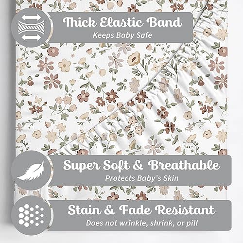 Crib Sheets Neutral - Fitted Baby Crib Sheets Bed for Girl Boy - 2 Pack Standard & Toddler Mattress - Buttery Soft Organic Cotton Blend (Fleurette)