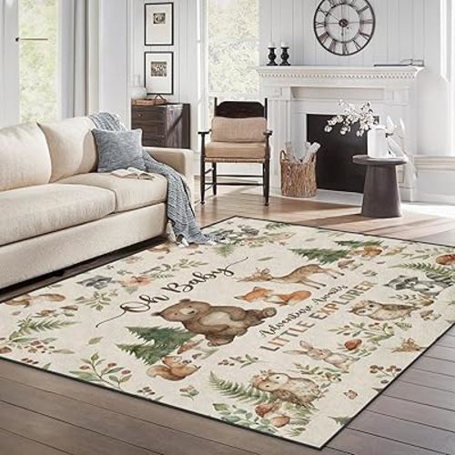 Area Rugs 5'x7' Washable Rug, Woodland Watercolor Nursery Stain Resistant Non Slip Backing Forest Animal Carpet for Living Room Bedroom Dining Room