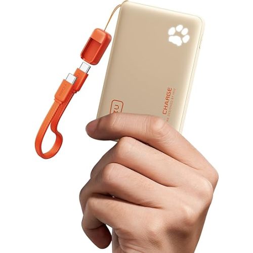 INIU Portable Charger, Ultra Slim 45W Fast Charging with Attached USB C Cable, 10000mAh Power Bank Battery Pack, Travel Essential Phone Powerbank for iPhone 17 16 Samsung S25 Google, Beige