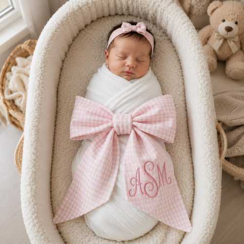 Personalized Baby Name Embroidered Newborn Bow Sash, Monogram Baby Bow Sash, Gingham Bow Swaddle, Sash For Baby Picture, Baby Shower Gift