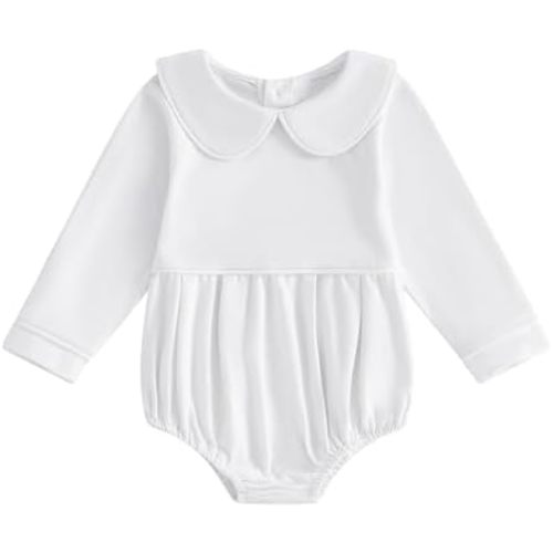 Lamuusaa Newborn Baby Girl Clothes Long Sleeve Peter Pan Romper One Piece Basic Solid Bodysuit Shirts Spring Outfit