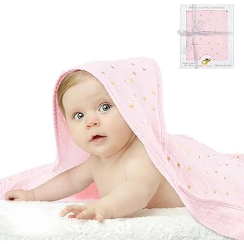 Hooded Baby Towels 100% Muslin Cotton Bath Beach Towels for Newborn Toddler Infant Soft Absorbent Lightweight Shower Gifts 30x30 Inch (Pink)