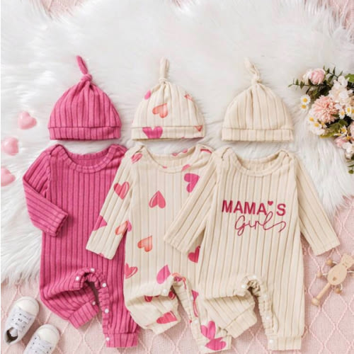 6pcs/Set Baby Girls' Autumn New Heart Print, Mom's Girl English Letter & Solid Color Romper And Hat Casual Fashion Outfit | SHEIN USA