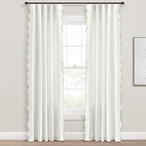 Lush Decor Coastal Chic Scalloped Edge Light Filtering Window Curtain Panels Pair, 52" W x 84" L, Neutral & White - White Curtains for Living Room - Coastal Decor