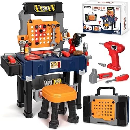 Kids Tool Bench with Electric Drill and Chair, Christmas Birthday Gift for Boys Girls Age 3,4,5+ Fun Play Kids Workbench, Transformable Toddler Tool Box Set, Construction Tool Toys for Toddler 3-5