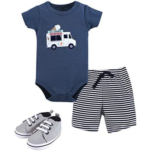 Hudson Baby Unisex Baby Cotton Bodysuit, Shorts and Shoe Set