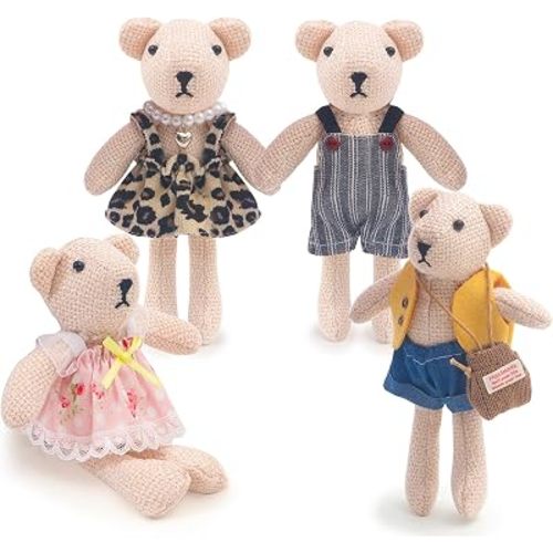 HAPGFS Handmade Bear Family Dolls Set of 4 with Removable Outfits & Bag, Realistic Dollhouse People Figures for Imaginative Play, Kids Room Decoration, Easter Bear
